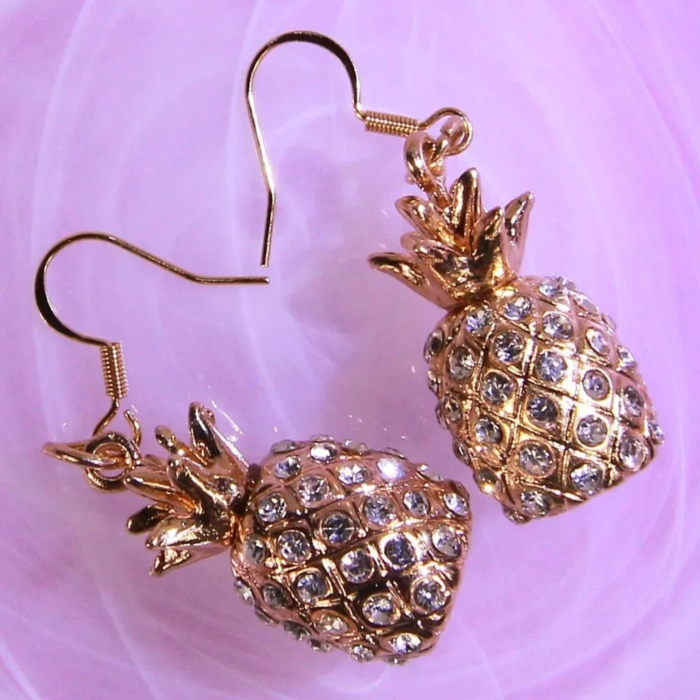 NWOT Gold Pineapple and Rhinestones Drop Earrings - Picture 7 of 8